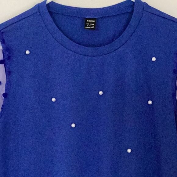SHEIN NEW POLKA DOT MESH PUFF SLEEVE BLOUSE TOP ROYAL BLUE SIZE 8/10 MEDIUM - Picture 4 of 8
